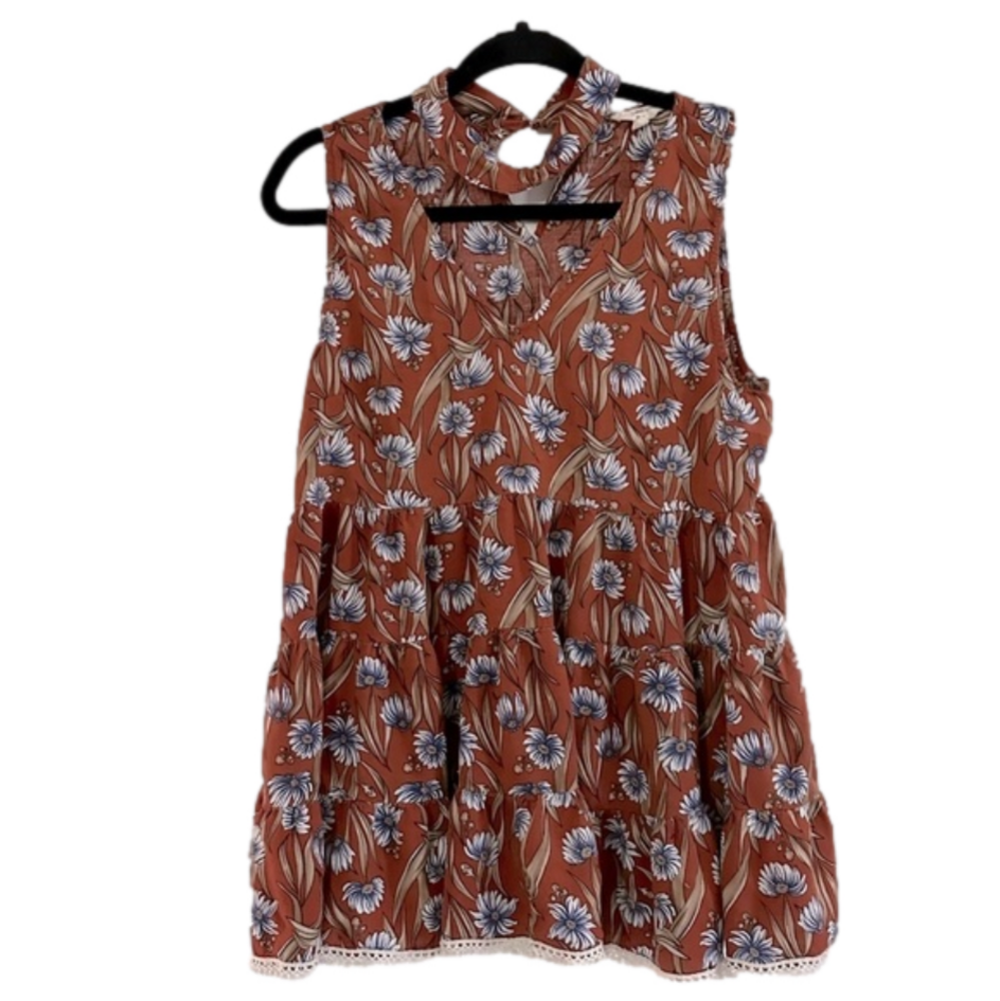 Entro Floral Mini Dress Choker Collar Crochet Trim Women’s Size Large